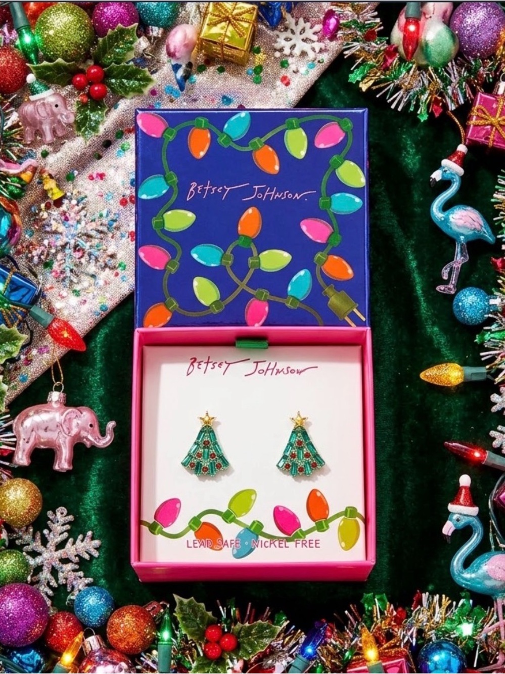 Betsey Johnson Green and Gold Christmas Tree Stud Earrings